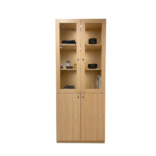 Stanford 80cm maple bookcase with glass doors, featuring shelves and storage compartments.