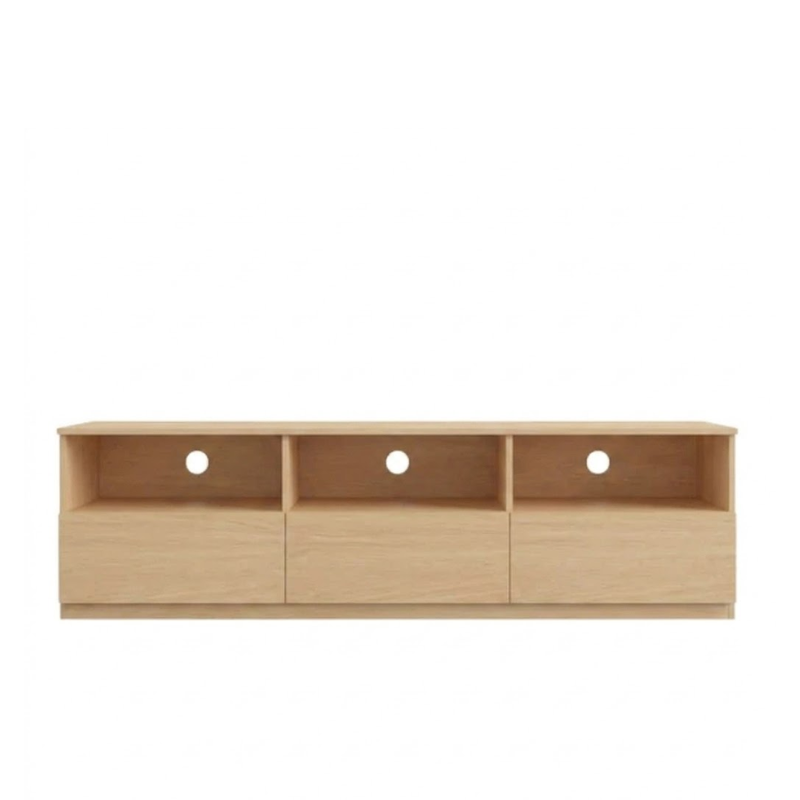 Breda 1.8m Maple TV storage cabinet featuring open shelves and storage drawers.