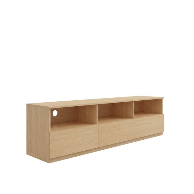 Breda 1.8m Maple TV storage cabinet with open shelves and drawers, designed for functionality and style.
