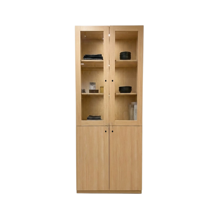 Stanford 80cm maple bookcase with glass doors, featuring shelves and storage compartments.